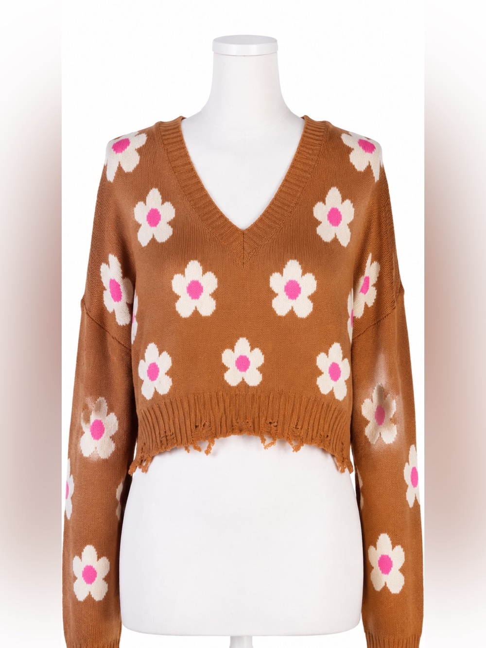 Alter’d State Brown Pink Daisy Distressed Cropped V-Neck Sweater